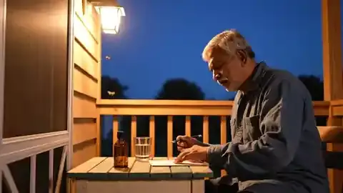 A man in his sixties at a porch table under a lit porch lamp, writing on an index card beside a small amber bottle
