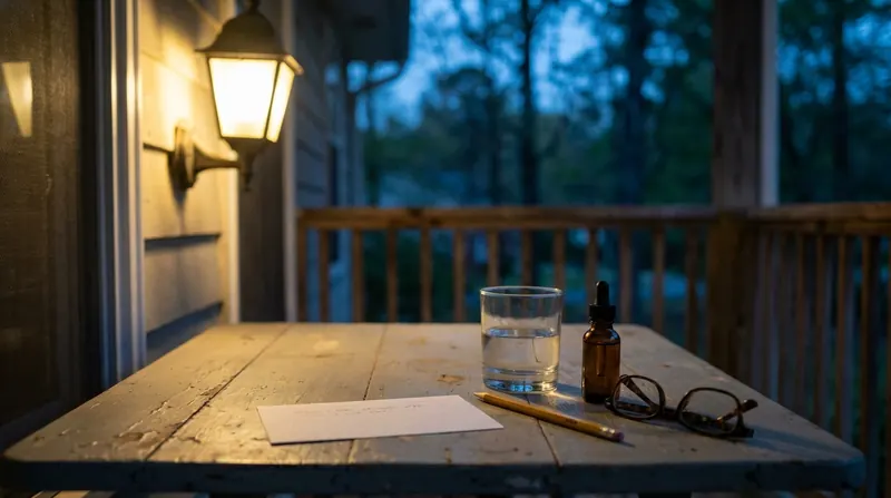 A porch table at dusk with an index card, a pencil, reading glasses, a glass of water and a small amber bottle