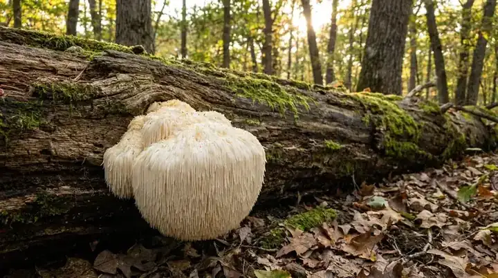 A white shaggy lion's mane mushroom growing from the side of an old oak log in a forest