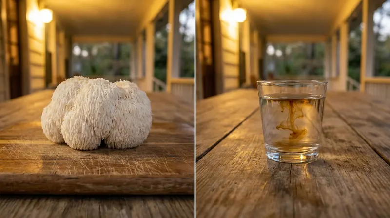 Split view of a fresh lion's mane mushroom on a board and an amber swirl dissolving in a glass of water