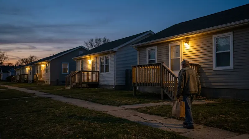 A street of houses at dusk with porch lights on and a man walking home with a paper bag under his arm
