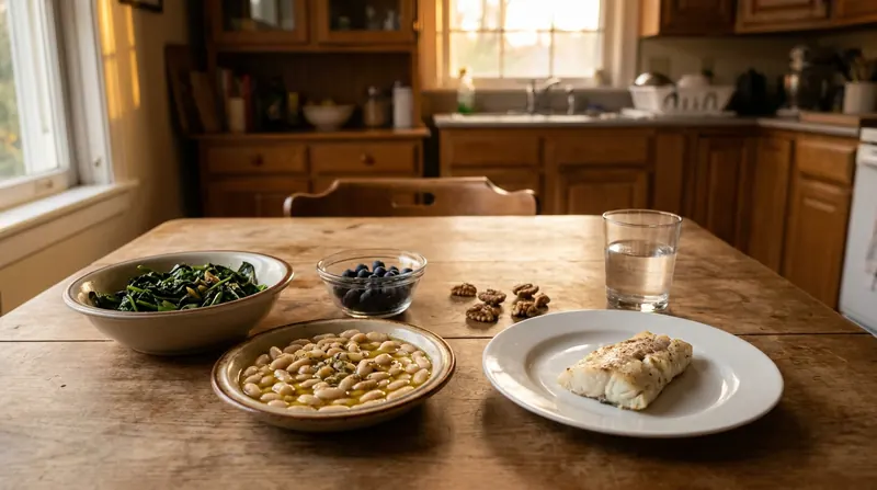 A simple supper of leafy greens, blueberries, beans with olive oil, baked fish and walnuts on a kitchen table