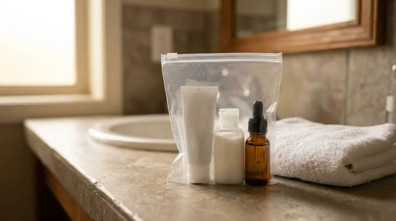 A clear quart-size travel bag on a bathroom counter holding toothpaste, lotion and a small amber bottle