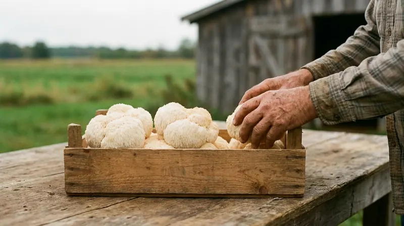 Fresh lion's mane mushrooms in a shallow wooden crate on a farm table, a grower's hands arranging them