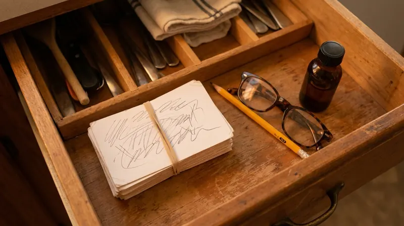 An open kitchen drawer with a stack of index cards, a pencil, reading glasses and a small amber bottle