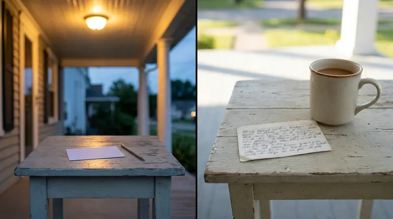 Split view of a porch table with a blank index card at dusk and the same card filled in at morning