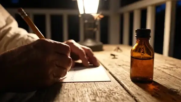 A man's hands writing a short line on an index card at a porch table under a lamp