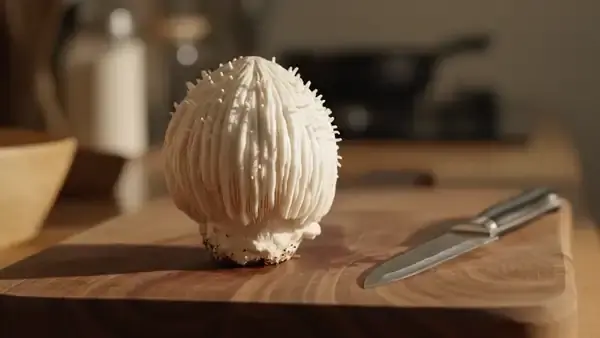 A man's hand turning a fresh white lion's mane mushroom with long hanging spines on a wooden cutting board