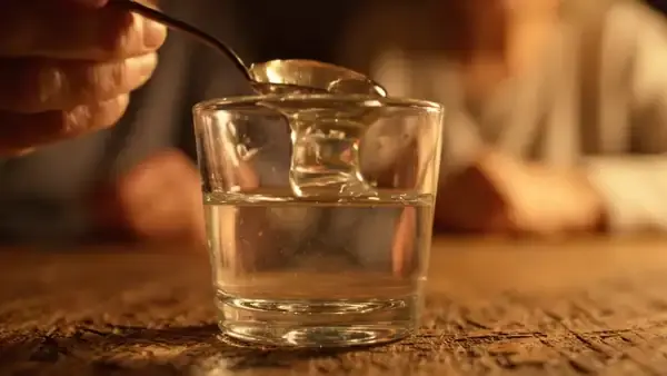A slow ribbon of clear syrupy glycerin falling from a teaspoon into a glass of water