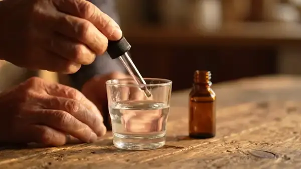 A man's hands squeezing a measured amount of dark liquid from a small glass tube into a glass of water