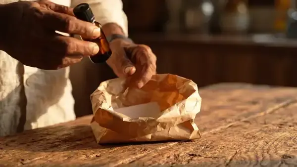 A man's hands putting a small amber bottle and a folded index card into a brown paper bag and folding it shut