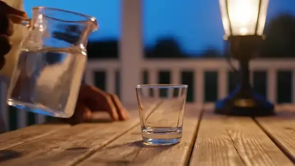 A man's hand filling a glass with water from a pitcher on a porch table at dusk