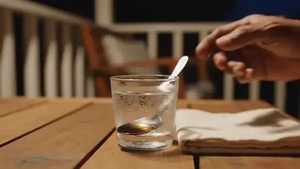 A man's hand stirring a thin swirl of dark liquid into a glass of water until it turns faintly golden