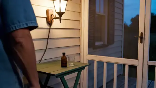 A man seen from behind carrying a glass and a small bottle indoors and switching off the porch light